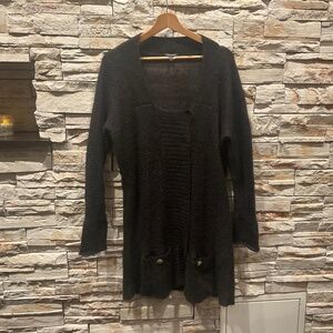 Eileen Fisher Mohair Blend Long Hidden Snap Front Knit Cardigan Sweater, Black,L